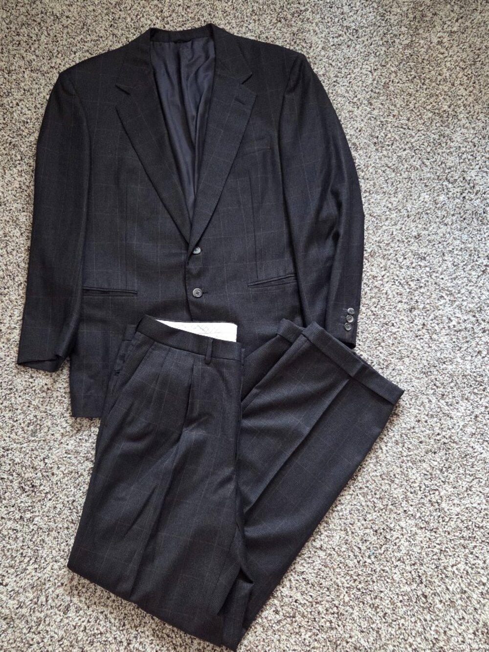 Ermenegildo Zegna 2 Piece Suit Mens 42R Black Wool  Windowpane Cuffed Pants